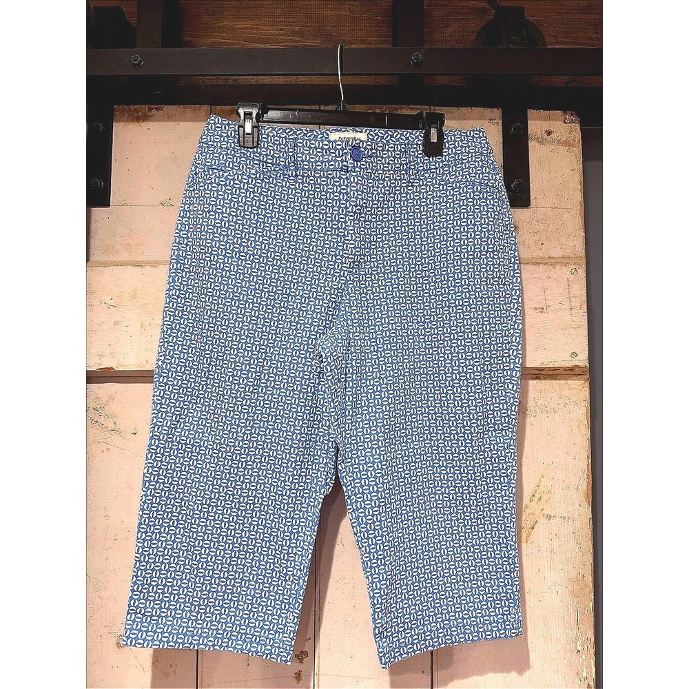 St Johns Bay Blue White Geometric Circle Print Stretch Capri Pants Womens 12